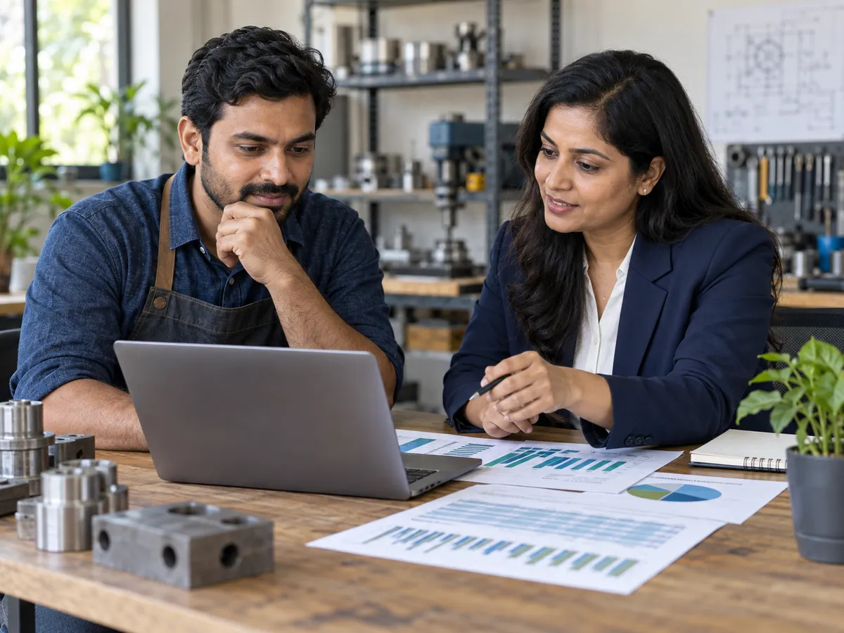 Indian entrepreneur reviewing business loan eligibility with a financial advisor