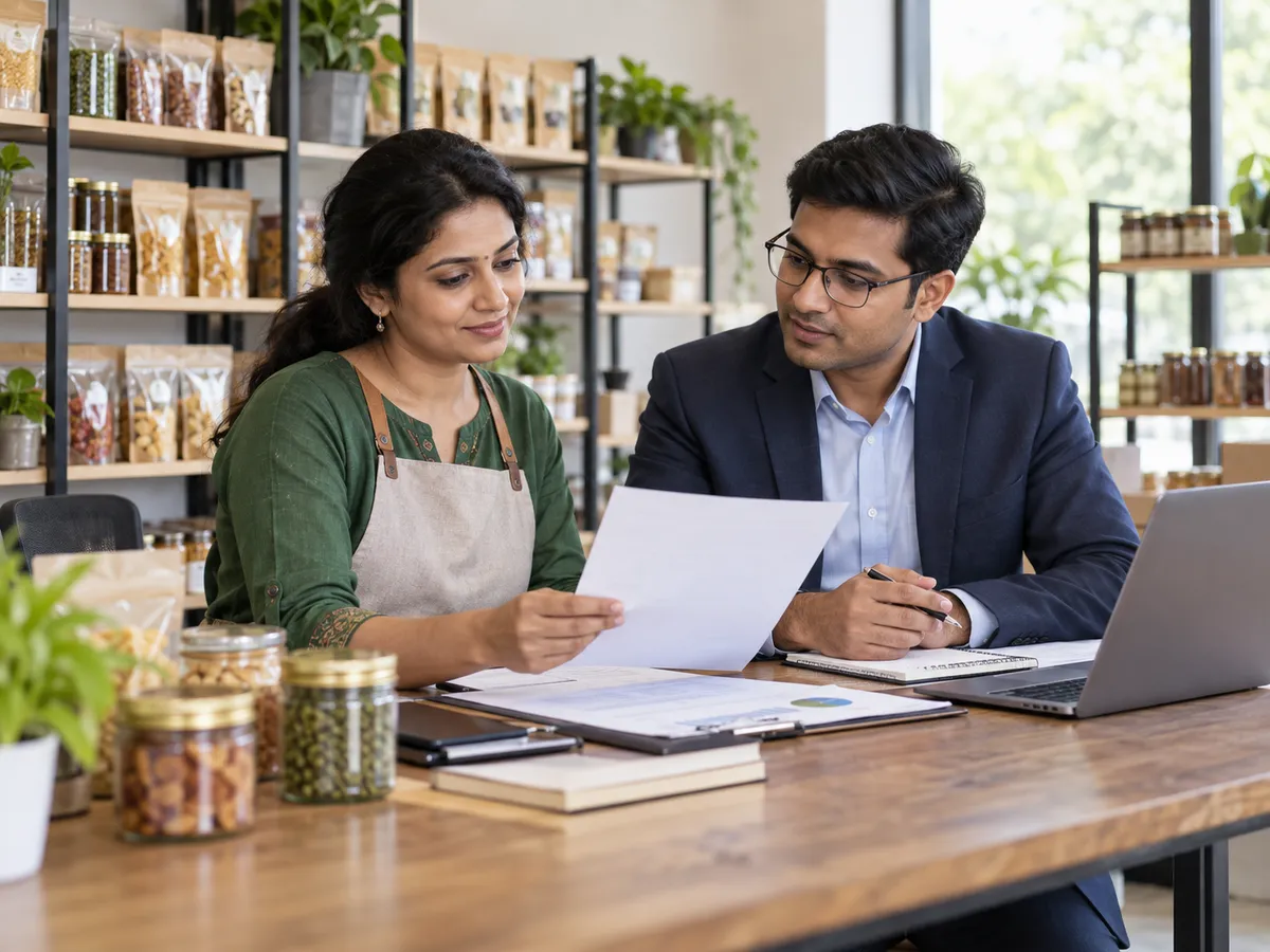 Indian business owner reviewing finance documents with a financial advisor