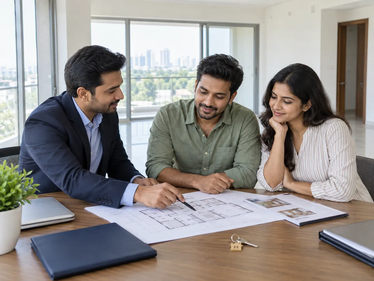 Indian couple reviewing home loan property plans with a financial advisor