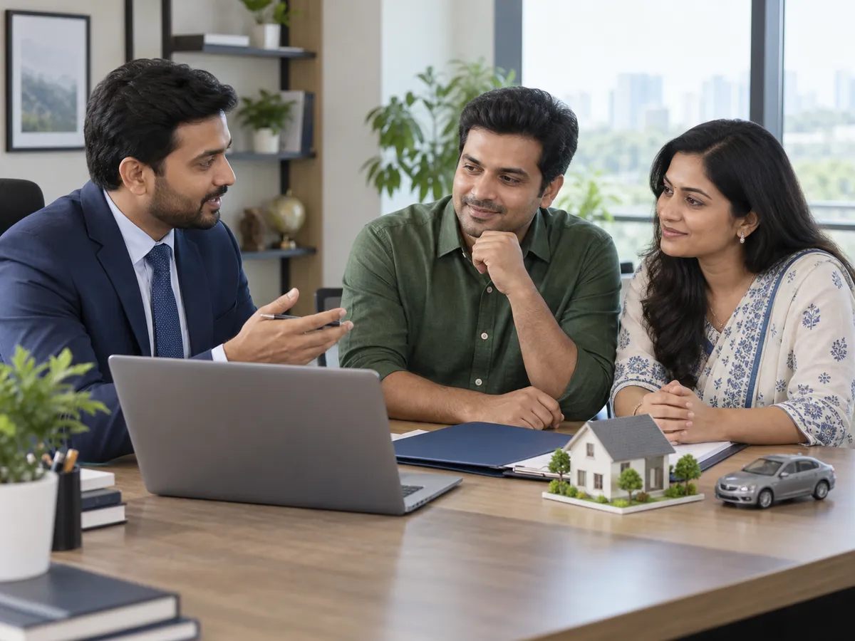 Indian couple discussing multiple loan options with a financial advisor