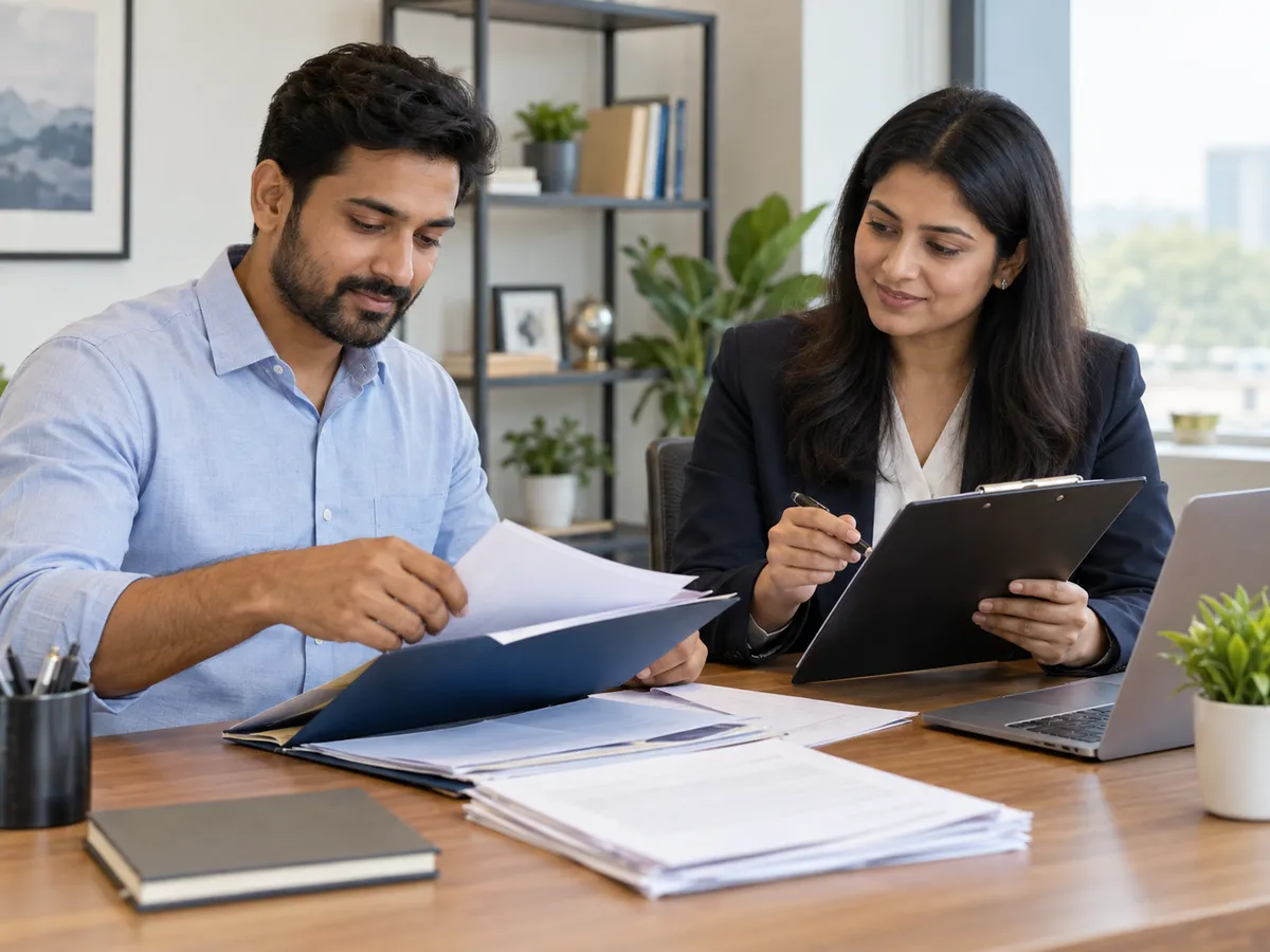 Indian professional organizing personal loan application documents with an advisor