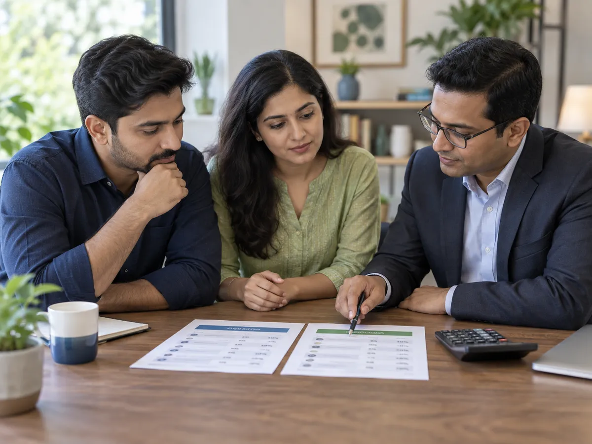 Indian couple comparing personal loan cost factors with a financial advisor