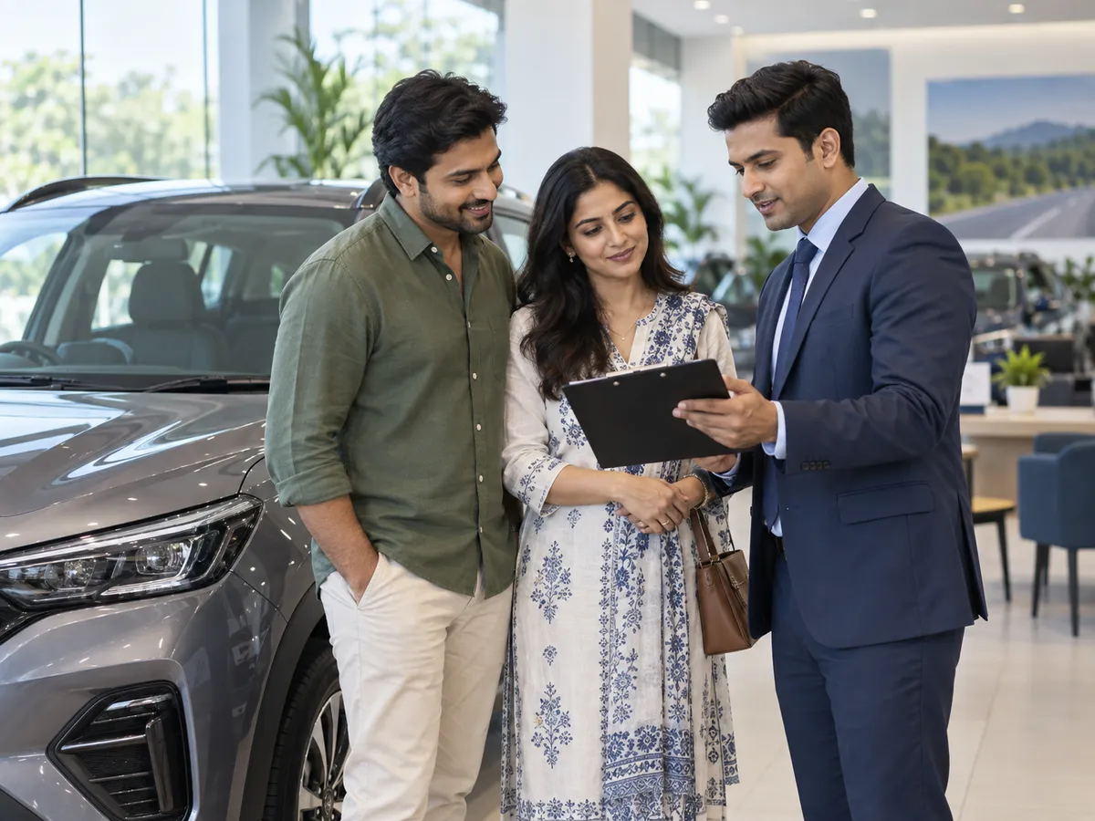 Indian couple discussing vehicle finance with an advisor at a car showroom